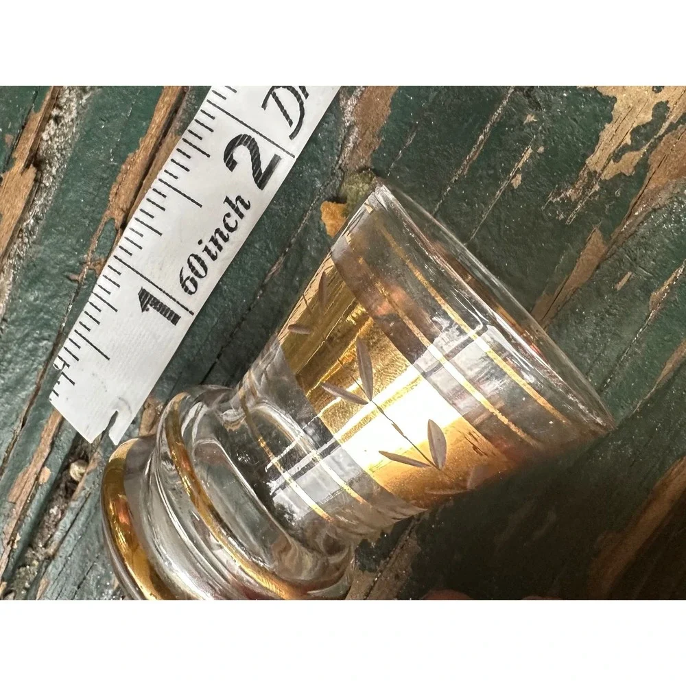 Vintage Miniature Glass Vase Gold Leaf Etched Banded Toothpick Holder 2.25 inch